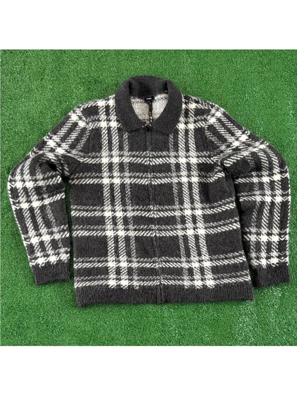 Express Men's Black & White Plaid Zip-Up Sweater Jacket